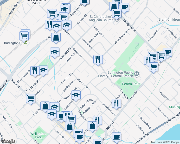 map of restaurants, bars, coffee shops, grocery stores, and more near 649 Andrea Court in Burlington