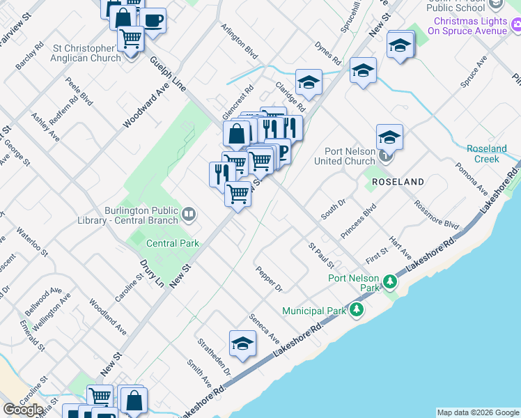 map of restaurants, bars, coffee shops, grocery stores, and more near 2422 New Street in Burlington