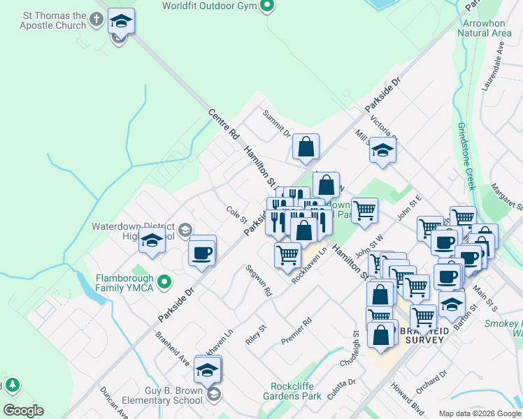 map of restaurants, bars, coffee shops, grocery stores, and more near 257 Parkside Drive in Hamilton