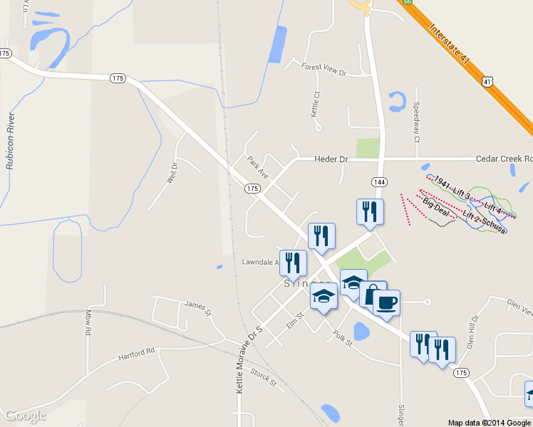 map of restaurants, bars, coffee shops, grocery stores, and more near 217 W Washington St in Slinger
