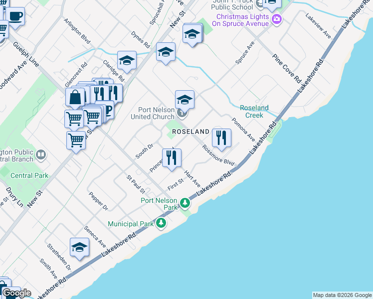 map of restaurants, bars, coffee shops, grocery stores, and more near 3081 Balmoral Avenue in Burlington