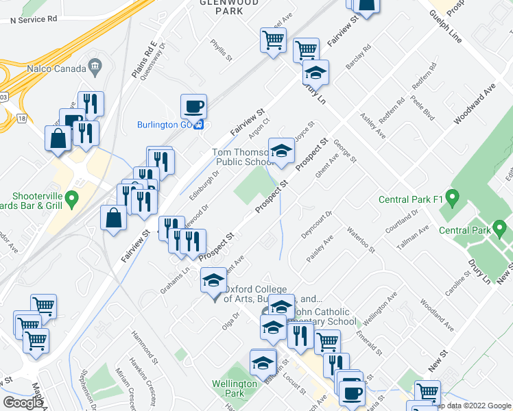 map of restaurants, bars, coffee shops, grocery stores, and more near 2121 Prospect Street in Burlington