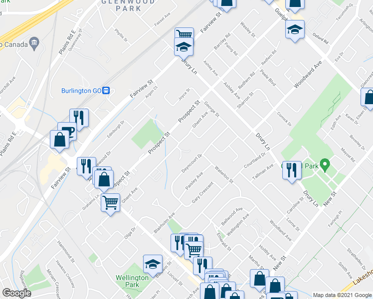 map of restaurants, bars, coffee shops, grocery stores, and more near in Burlington