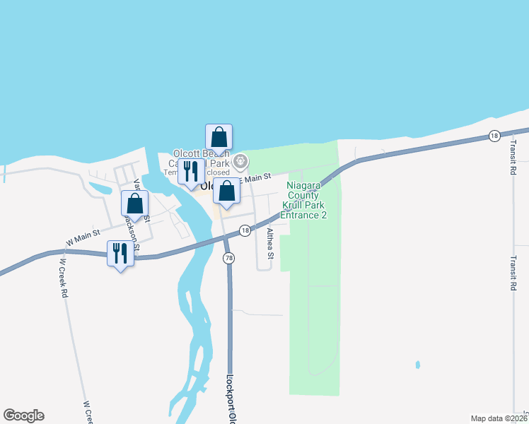 map of restaurants, bars, coffee shops, grocery stores, and more near 5982 Washington in Olcott