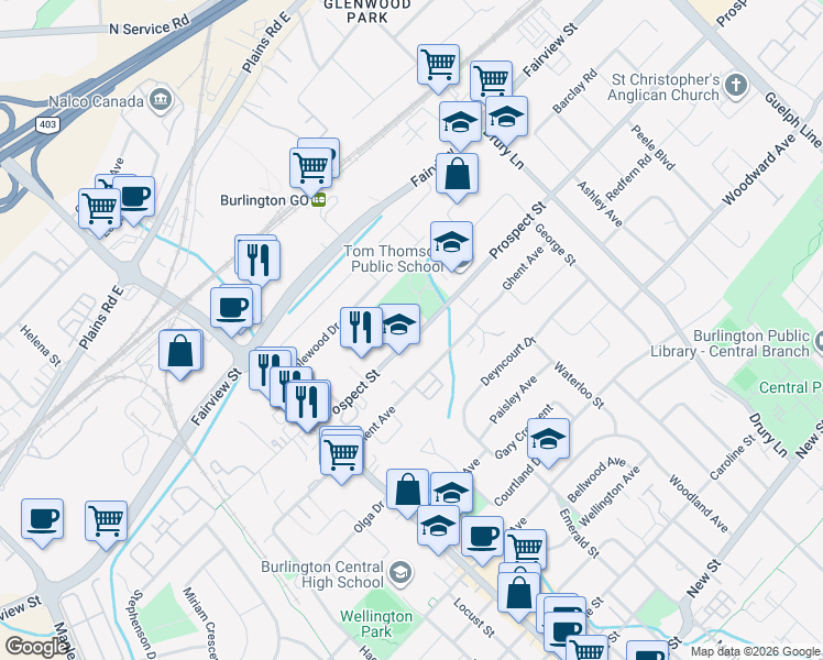 map of restaurants, bars, coffee shops, grocery stores, and more near 2121 Prospect Street in Burlington