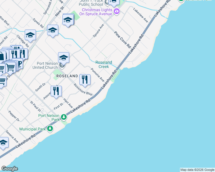 map of restaurants, bars, coffee shops, grocery stores, and more near 3180 Lakeshore Road in Burlington