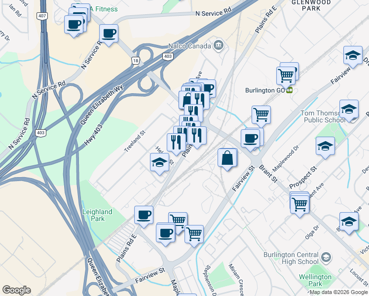 map of restaurants, bars, coffee shops, grocery stores, and more near 1365 Plains Road East in Burlington