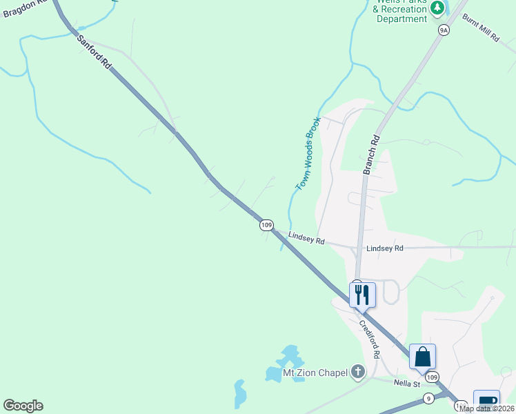 map of restaurants, bars, coffee shops, grocery stores, and more near 1251 Sanford Road in Wells