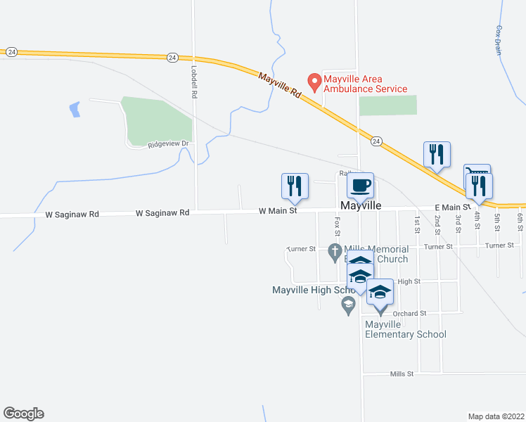 map of restaurants, bars, coffee shops, grocery stores, and more near 258 West Main Street in Mayville