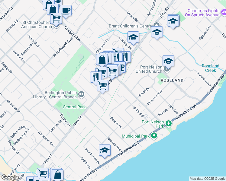 map of restaurants, bars, coffee shops, grocery stores, and more near 2424 New Street in Burlington