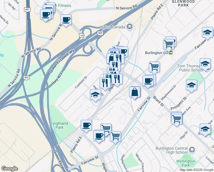 map of restaurants, bars, coffee shops, grocery stores, and more near 1365 Plains Road East in Burlington