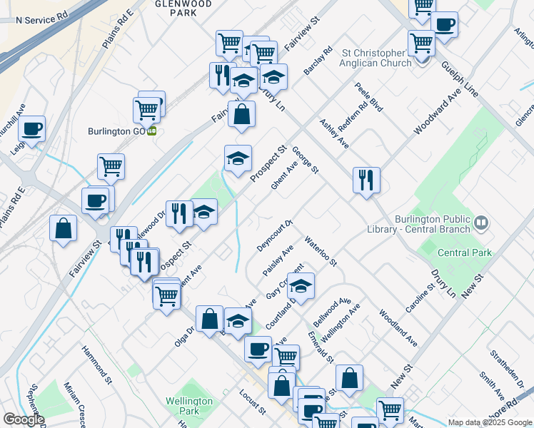 map of restaurants, bars, coffee shops, grocery stores, and more near 2154 Lilnan Court in Burlington