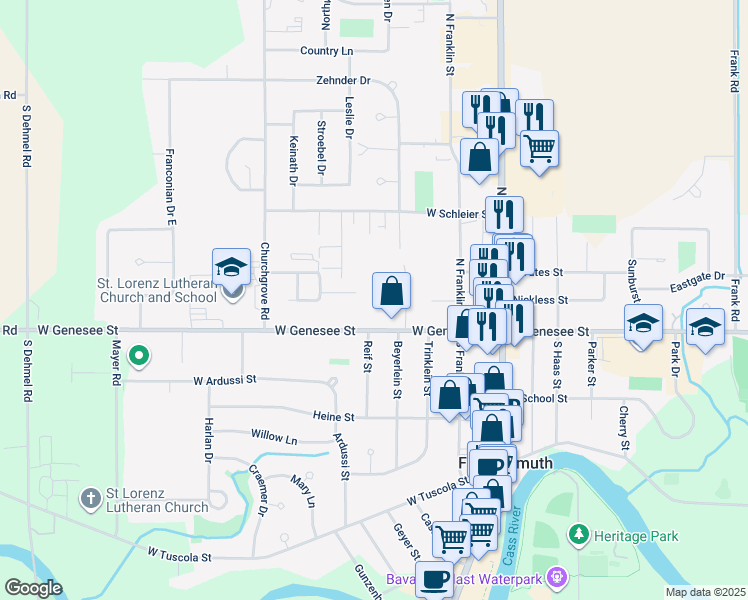 map of restaurants, bars, coffee shops, grocery stores, and more near 500 West Genesee Street in Frankenmuth