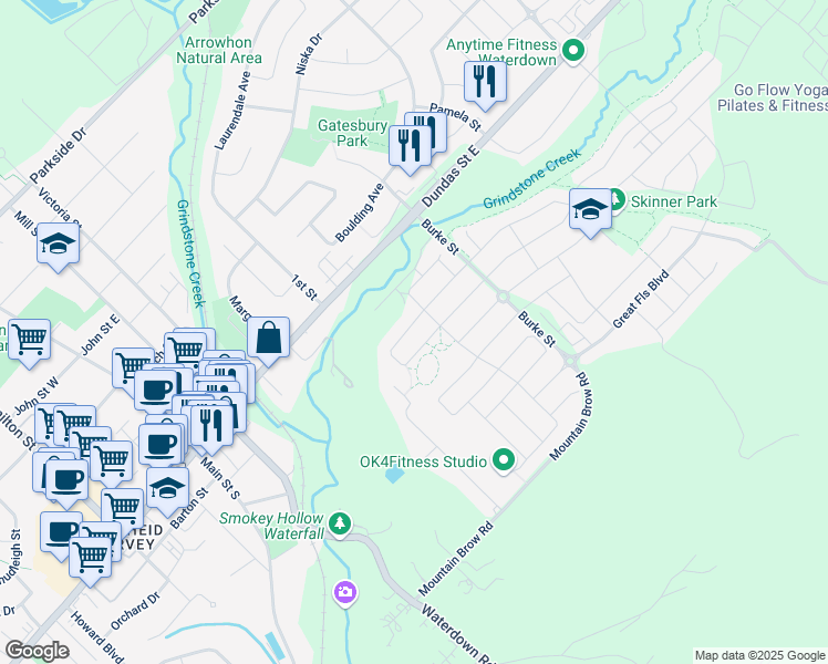 map of restaurants, bars, coffee shops, grocery stores, and more near 23 Attridge Crescent in Hamilton