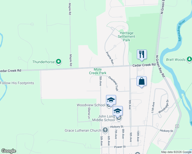 map of restaurants, bars, coffee shops, grocery stores, and more near 437 Overland Trail in Grafton