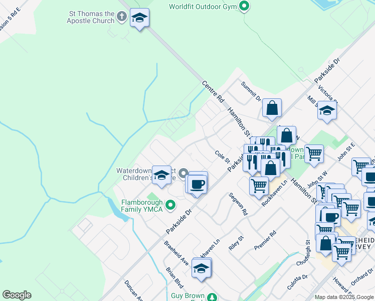 map of restaurants, bars, coffee shops, grocery stores, and more near 123 Nisbet Boulevard in Hamilton
