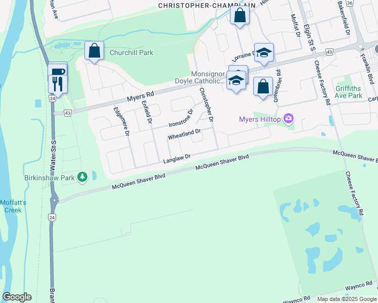 map of restaurants, bars, coffee shops, grocery stores, and more near 317 Langlaw Drive in Cambridge