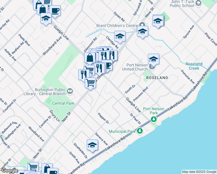 map of restaurants, bars, coffee shops, grocery stores, and more near 390 Guelph Line in Burlington