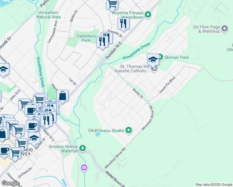 map of restaurants, bars, coffee shops, grocery stores, and more near 9 Skinner Road in Hamilton