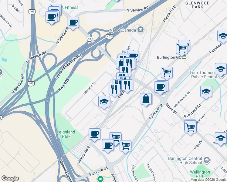map of restaurants, bars, coffee shops, grocery stores, and more near 1401 Plains Road East in Burlington