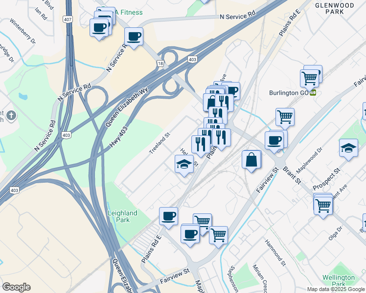 map of restaurants, bars, coffee shops, grocery stores, and more near 1053 Helena Street in Burlington