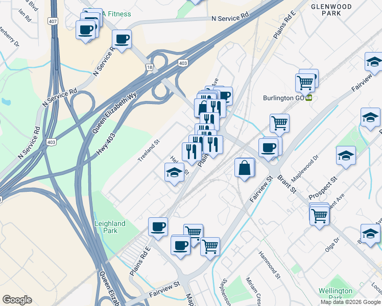 map of restaurants, bars, coffee shops, grocery stores, and more near 1365 Plains Road East in Burlington
