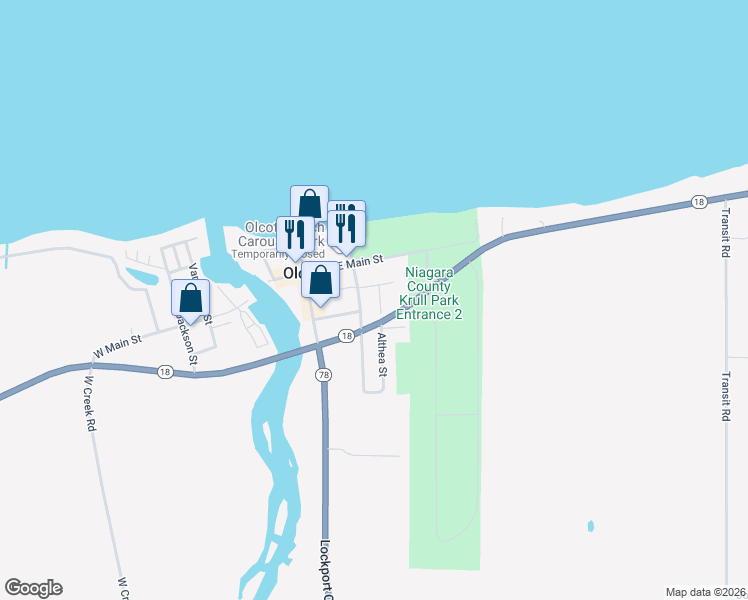 map of restaurants, bars, coffee shops, grocery stores, and more near 5982 Washington in Olcott