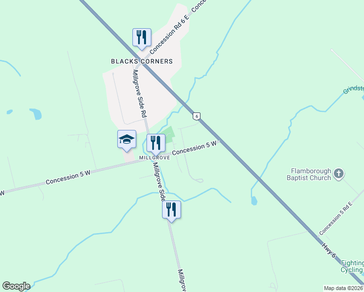 map of restaurants, bars, coffee shops, grocery stores, and more near 338 Concession 5 West in Hamilton
