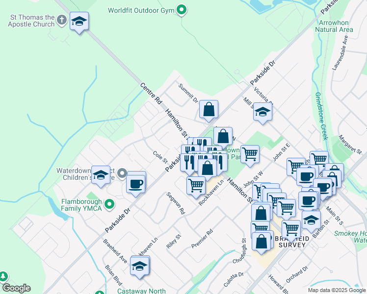 map of restaurants, bars, coffee shops, grocery stores, and more near 257 Parkside Drive in Hamilton