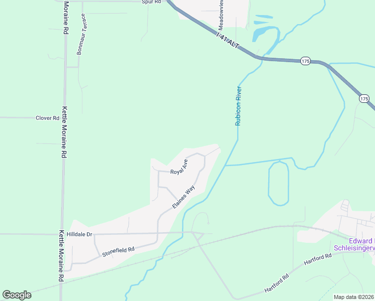 map of restaurants, bars, coffee shops, grocery stores, and more near 5475 Royal Avenue in Slinger