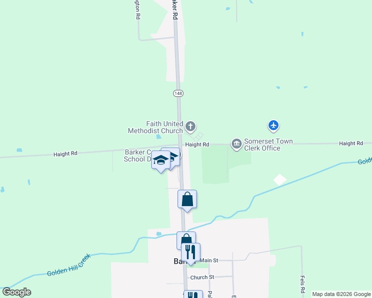 map of restaurants, bars, coffee shops, grocery stores, and more near 1617 Quaker Road in Barker