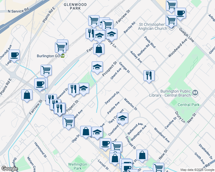 map of restaurants, bars, coffee shops, grocery stores, and more near in Burlington