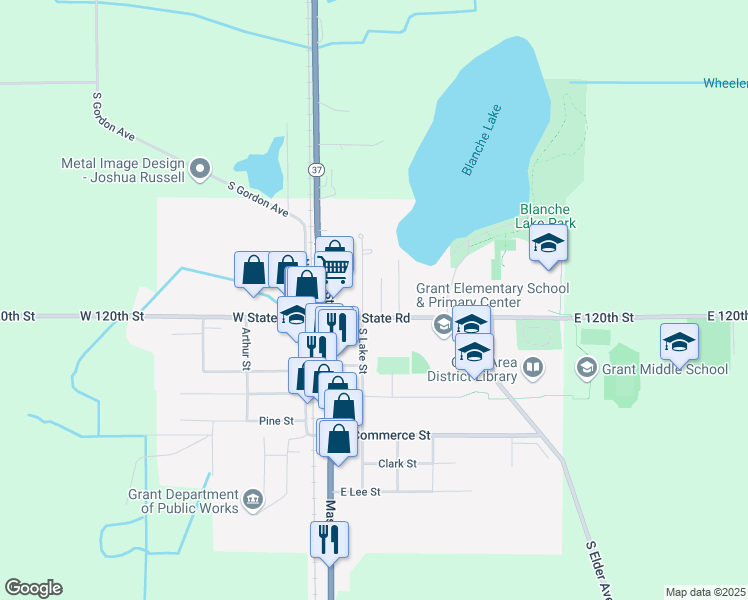 map of restaurants, bars, coffee shops, grocery stores, and more near 8 South Lake Street in Grant