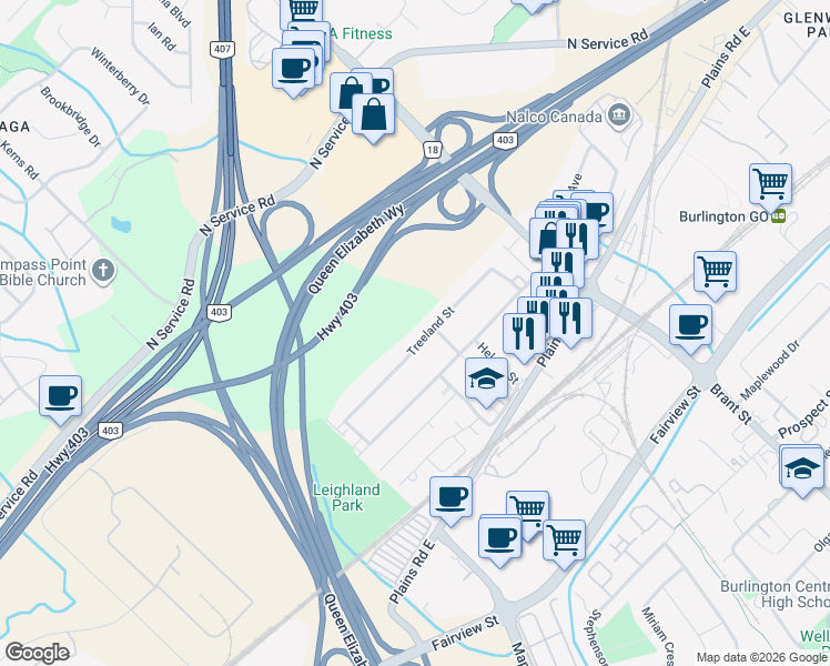 map of restaurants, bars, coffee shops, grocery stores, and more near 1331 Treeland Street in Burlington