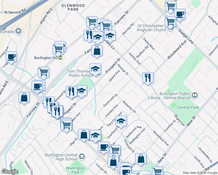 map of restaurants, bars, coffee shops, grocery stores, and more near 2170 Ghent Avenue in Burlington