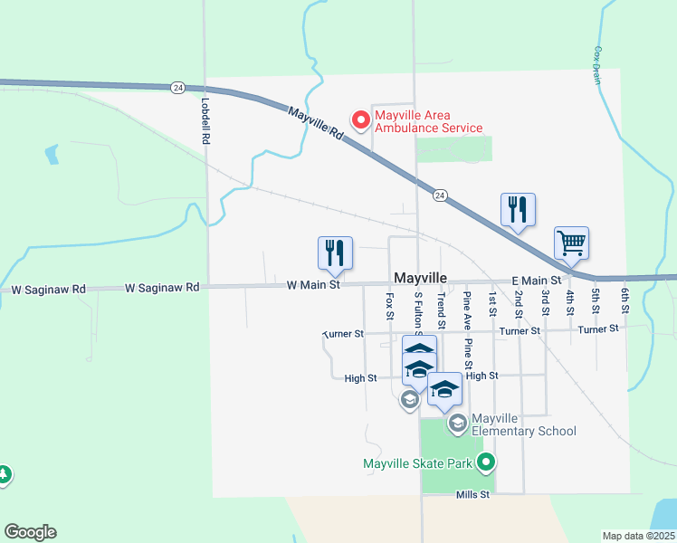 map of restaurants, bars, coffee shops, grocery stores, and more near 223 West Main Street in Mayville