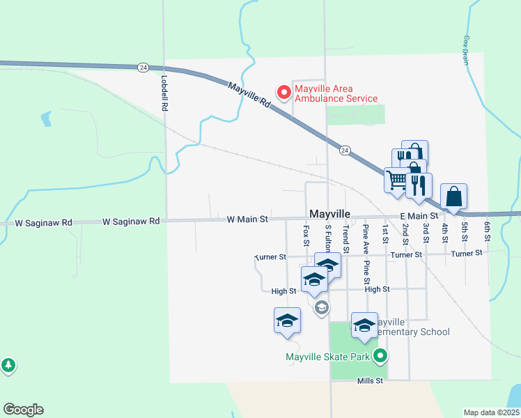 map of restaurants, bars, coffee shops, grocery stores, and more near 223 West Main Street in Mayville