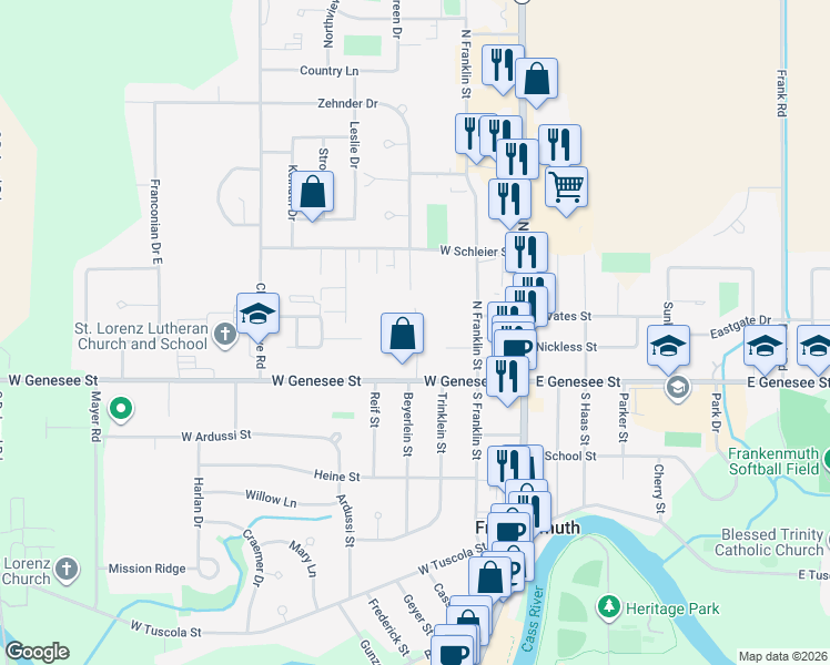 map of restaurants, bars, coffee shops, grocery stores, and more near 300 West Genesee Street in Frankenmuth