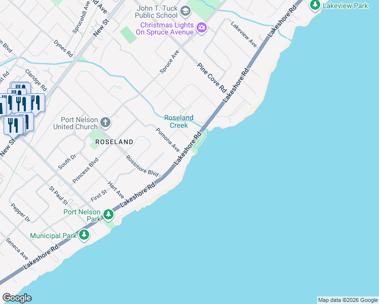 map of restaurants, bars, coffee shops, grocery stores, and more near 3180 Lakeshore Road in Burlington