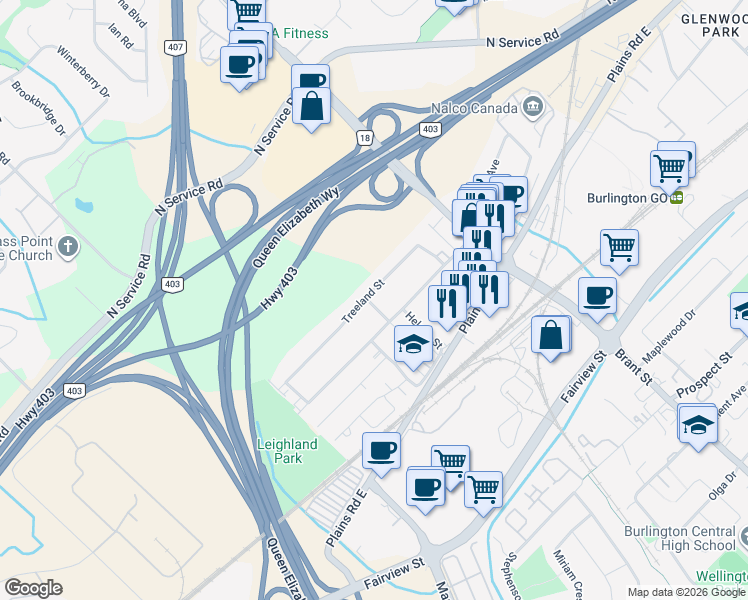 map of restaurants, bars, coffee shops, grocery stores, and more near in Burlington