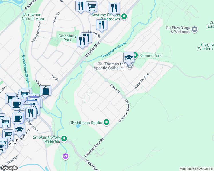 map of restaurants, bars, coffee shops, grocery stores, and more near 9 Skinner Road in Hamilton