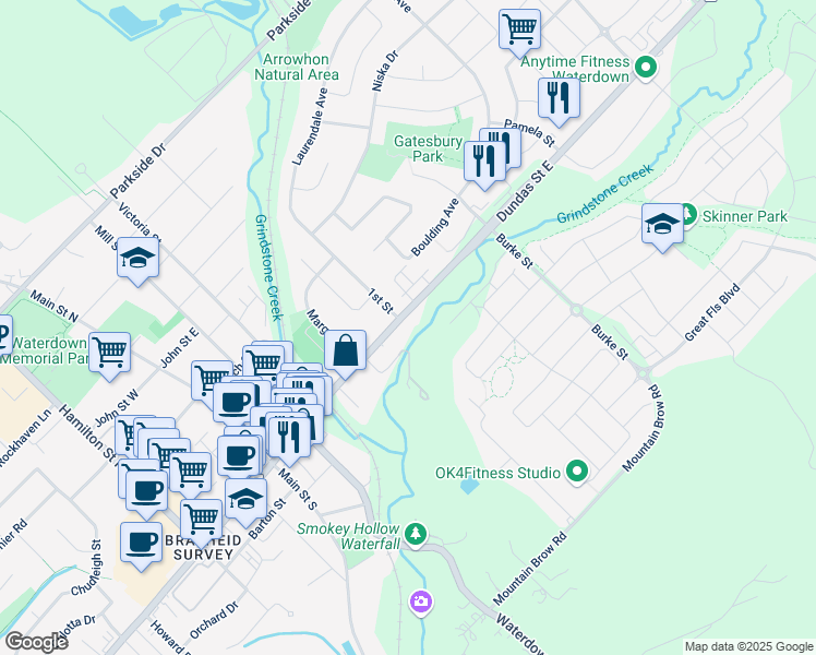 map of restaurants, bars, coffee shops, grocery stores, and more near 383 Dundas Street East in Hamilton
