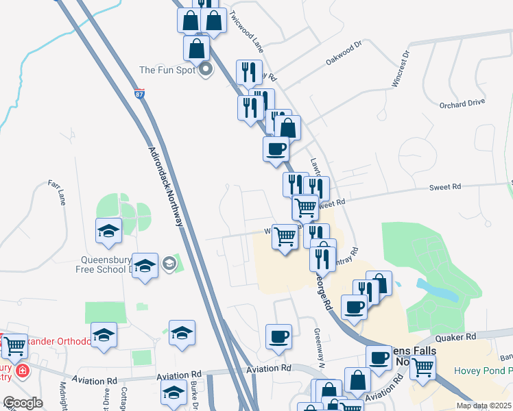 map of restaurants, bars, coffee shops, grocery stores, and more near 215 Robert Gardens North in Queensbury
