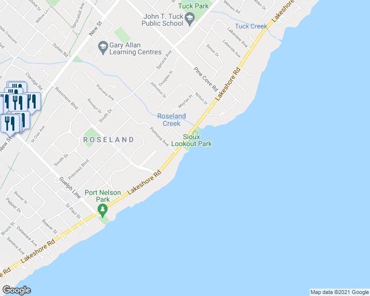 map of restaurants, bars, coffee shops, grocery stores, and more near 3200 Lakeshore Road in Burlington