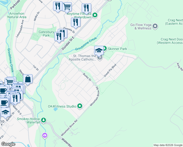 map of restaurants, bars, coffee shops, grocery stores, and more near 105 Skinner Road in Hamilton