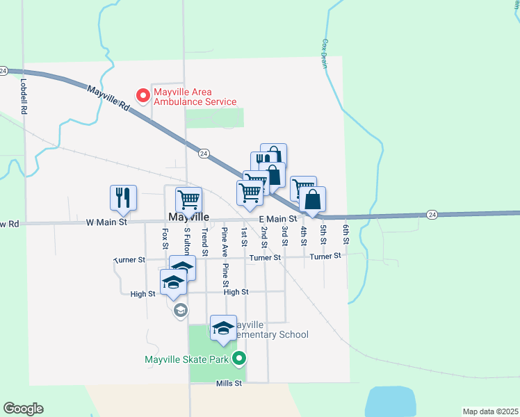 map of restaurants, bars, coffee shops, grocery stores, and more near 315 East Main Street in Mayville