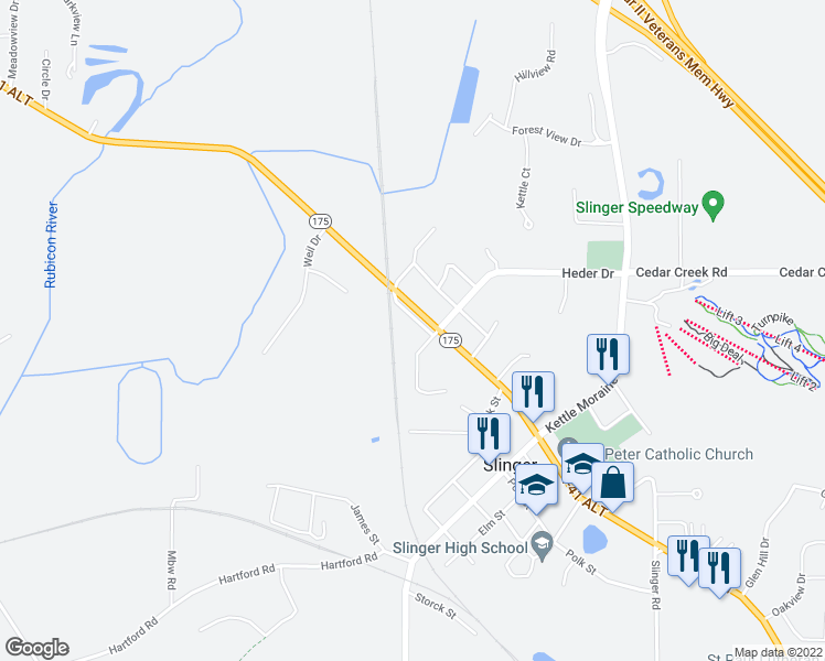 map of restaurants, bars, coffee shops, grocery stores, and more near 308 West Washington Street in Slinger