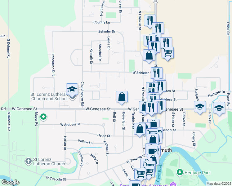 map of restaurants, bars, coffee shops, grocery stores, and more near 437 West Schleier Street in Frankenmuth