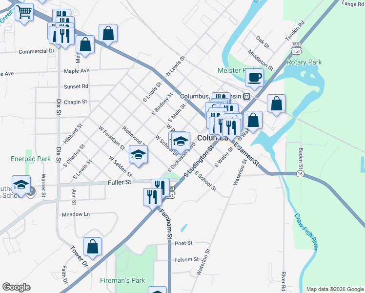 map of restaurants, bars, coffee shops, grocery stores, and more near 242 South Dickason Boulevard in Columbus