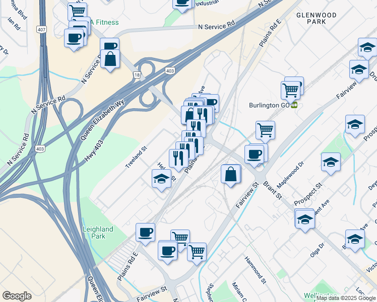 map of restaurants, bars, coffee shops, grocery stores, and more near 1401 Plains Road East in Burlington